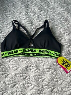 Zumba Fitness Happy Bra Women's Black Sports Bra Neon Green Band Medium NWT